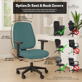 Option D teal seat and back chair cover size chart. Selected cover option only; chair and accessories not included.