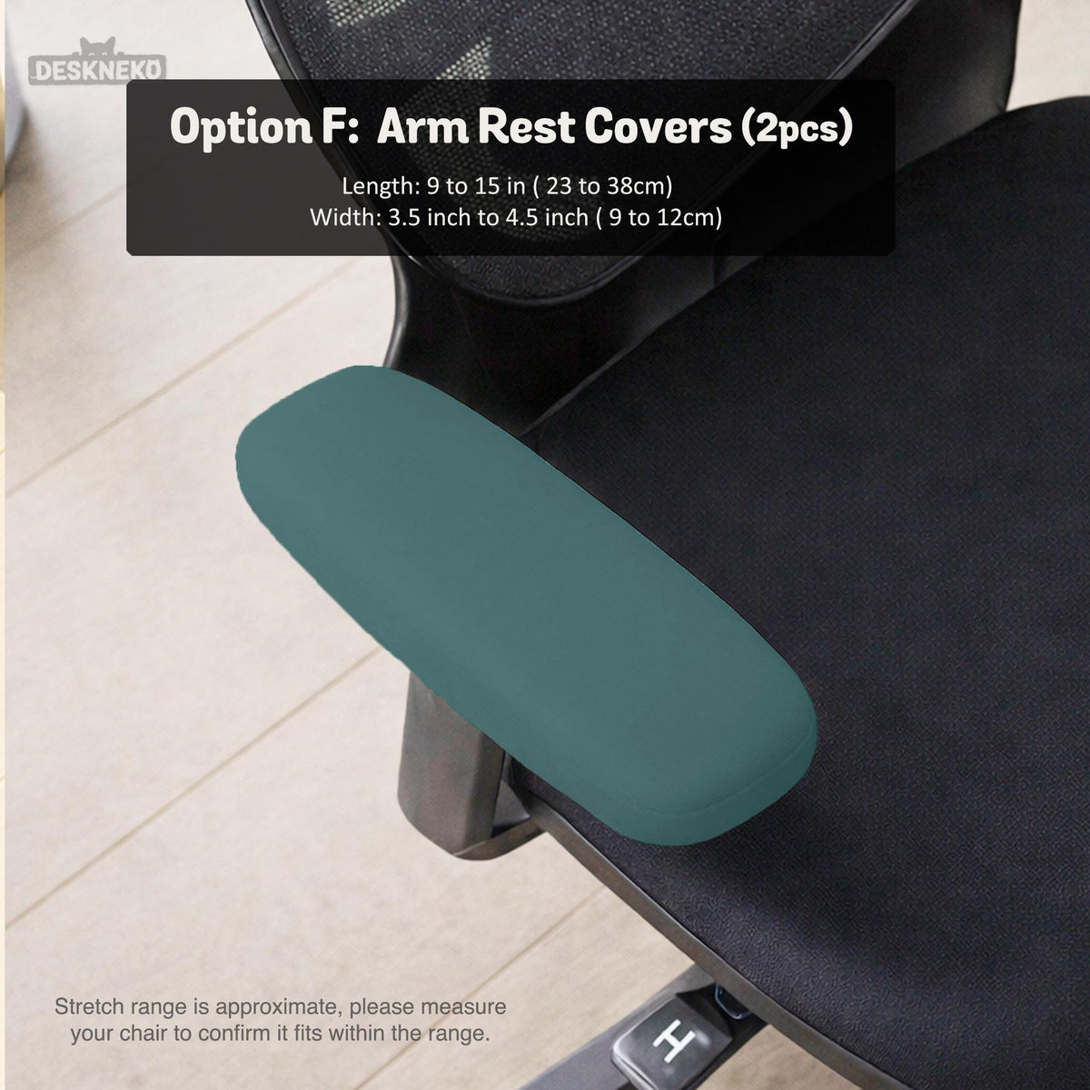 Option F teal armrest cover pair size chart. Selected cover option only; chair and accessories not included.