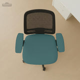 Overhead view of teal seat and armrest covers on an office chair with a mesh back. Selected cover option only; chair and accessories not included.