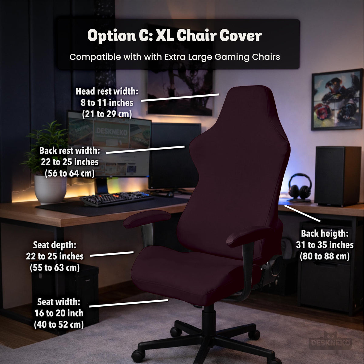 Plum Noir chair cover, coverage and construction view 12. Selected cover option only; chair and accessories not included.