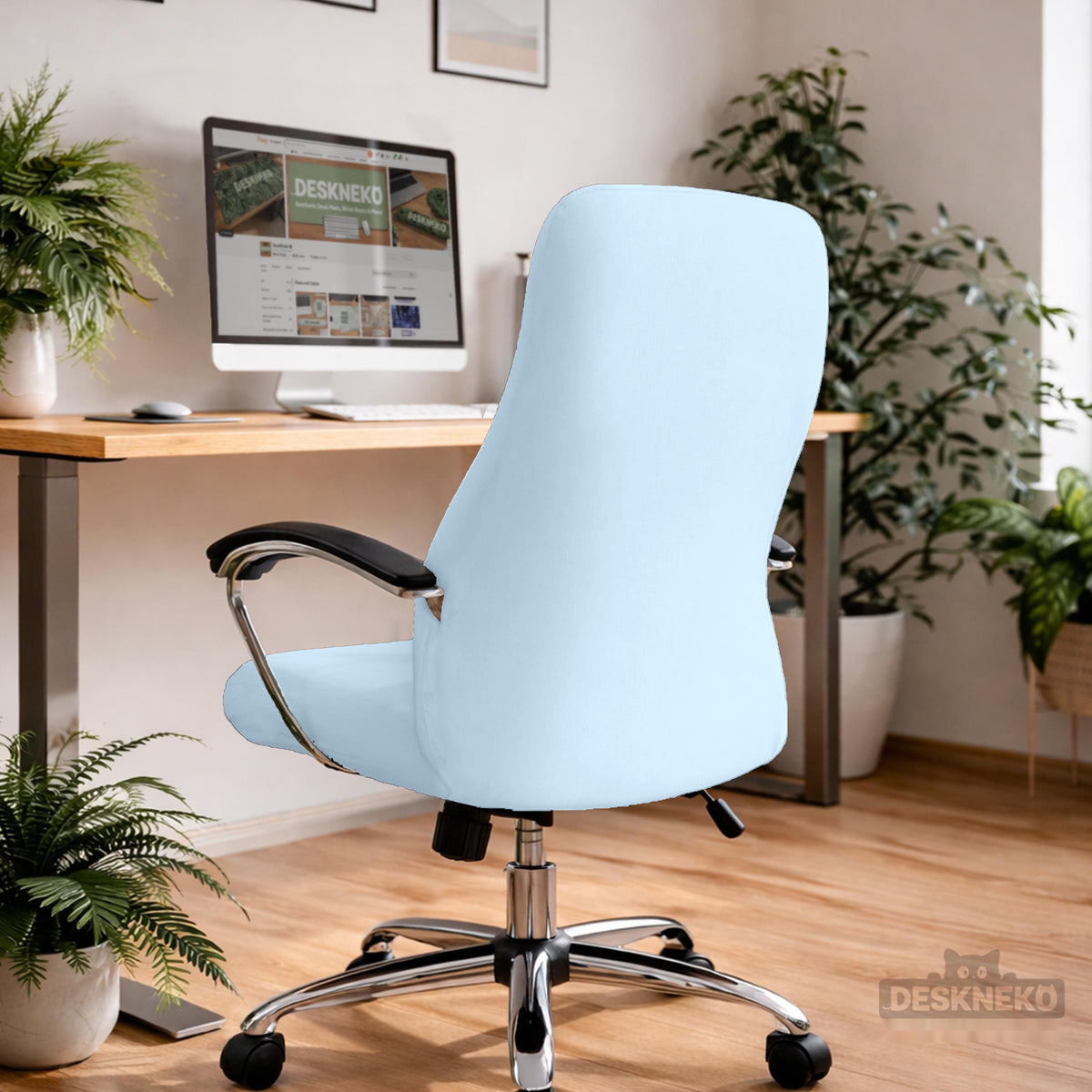 Cool Blue chair cover, coverage and construction view 2. Selected cover option only; chair and accessories not included.