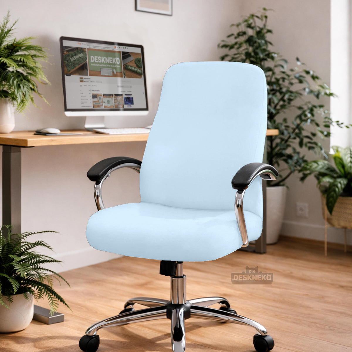 Cool Blue chair cover, coverage and construction view 4. Selected cover option only; chair and accessories not included.