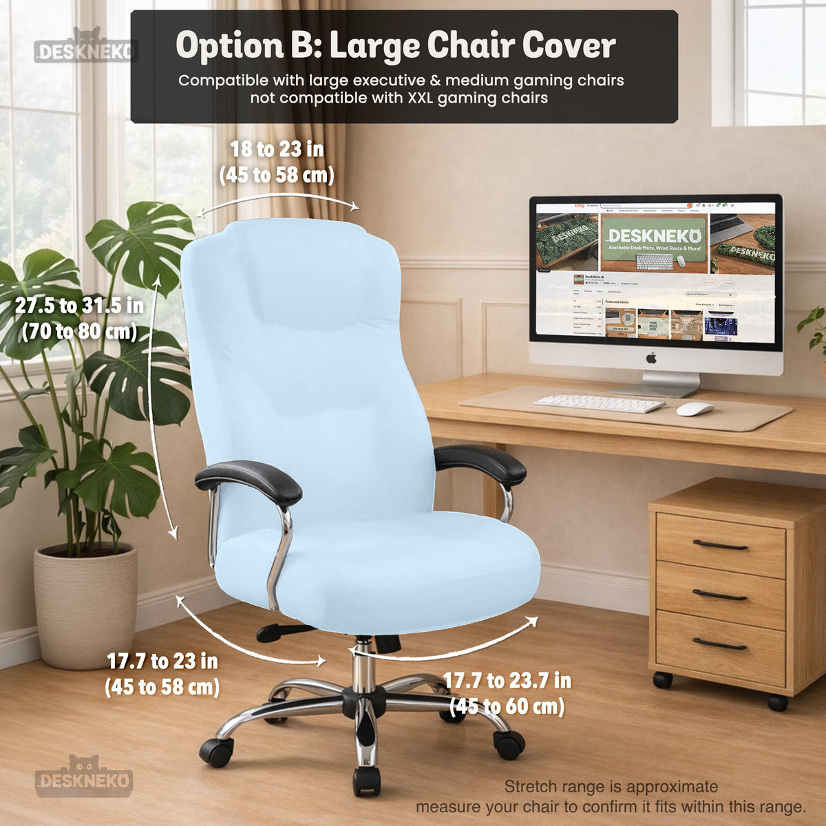 Cool Blue chair cover, coverage and construction view 11. Selected cover option only; chair and accessories not included.