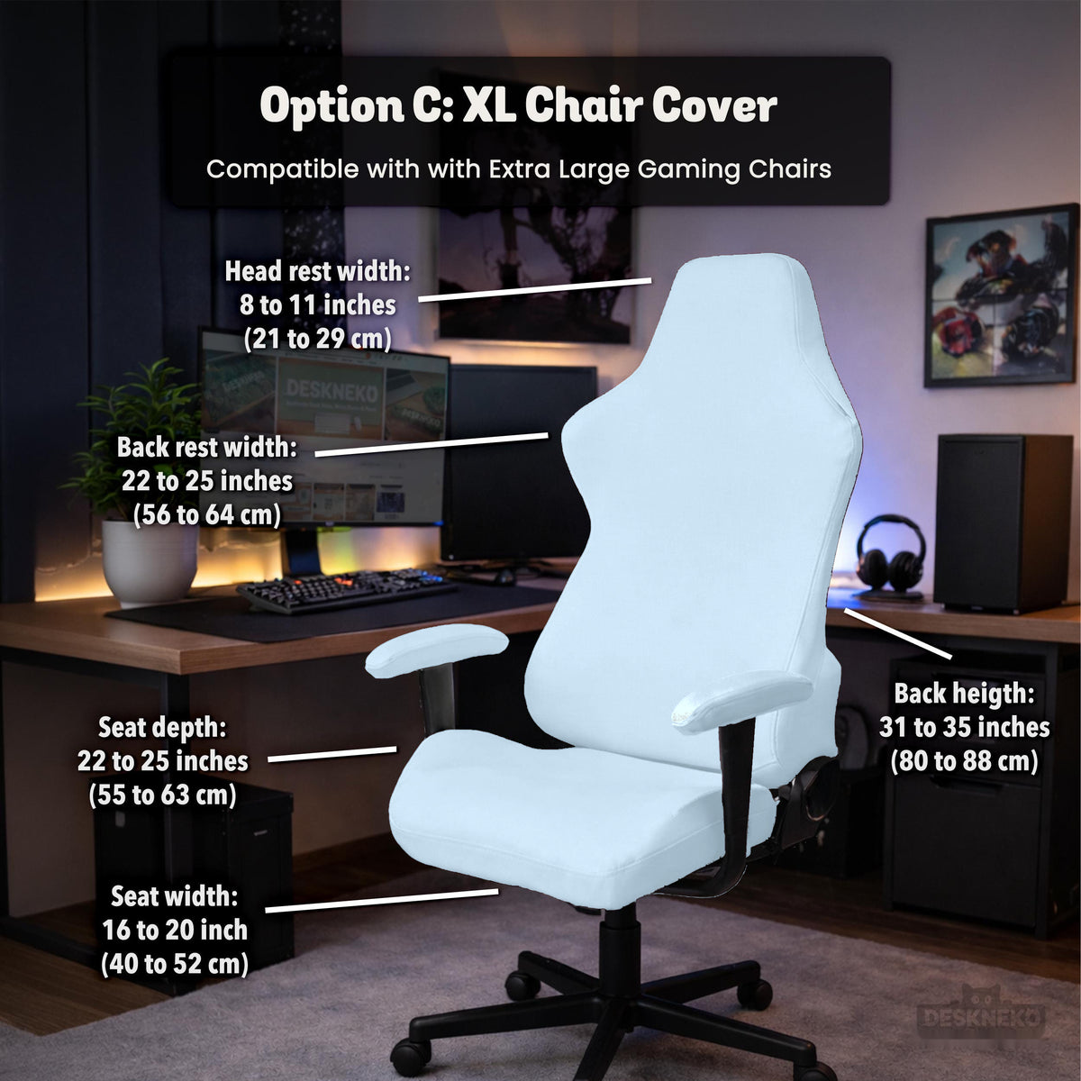 Cool Blue chair cover, coverage and construction view 12. Selected cover option only; chair and accessories not included.