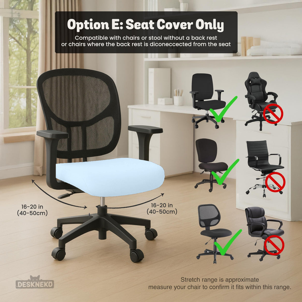 Cool Blue chair cover, coverage and construction view 14. Selected cover option only; chair and accessories not included.