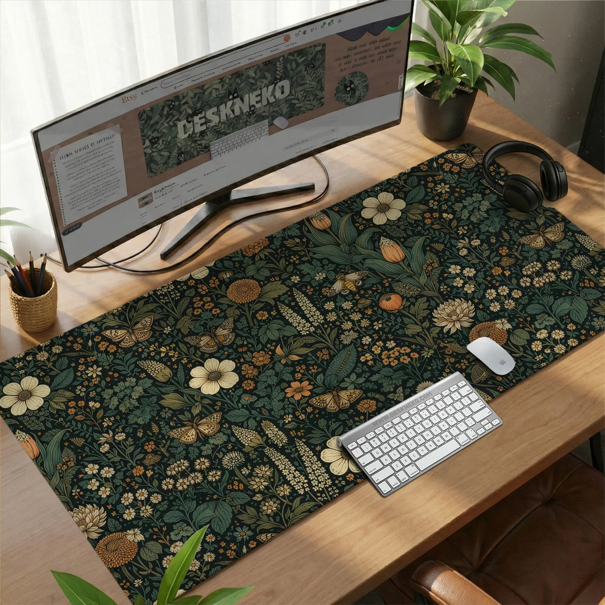 Dark floral cottagecore desk mat with botanical butterflies