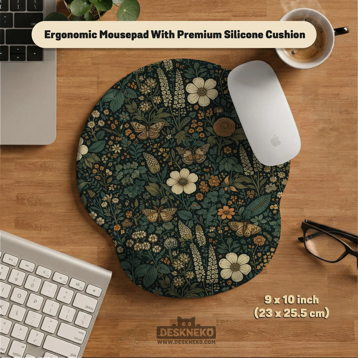 Dark floral cottagecore desk mat with botanical butterflies