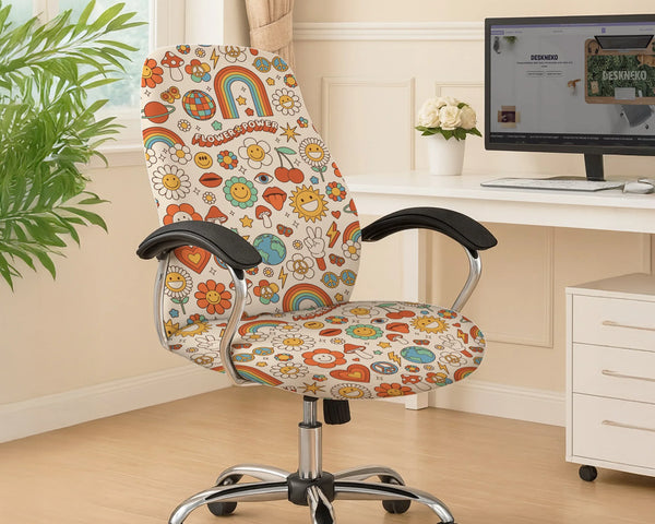 Office chair fitted with a stretch cover in a retro 1970s flower-power print with smiley daisies, rainbows, peace signs and mushrooms, shown in a home office