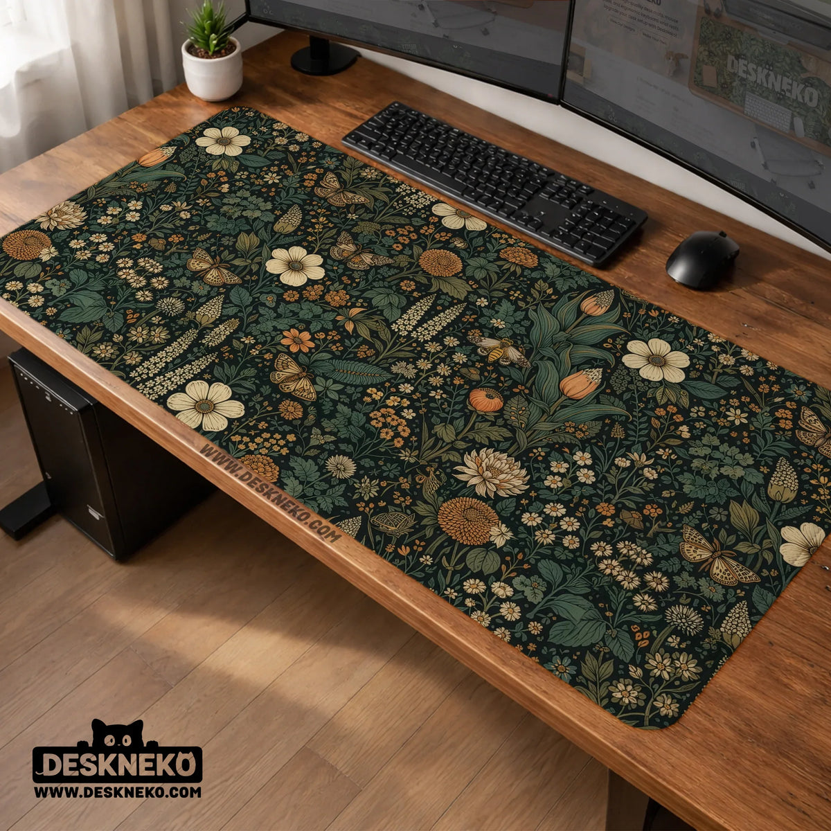Dark floral cottagecore desk mat with botanical butterflies
