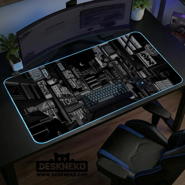 Black White Tokyo Night Desk Mat, Cyberpunk Japanese Street Mousepad - Deskneko