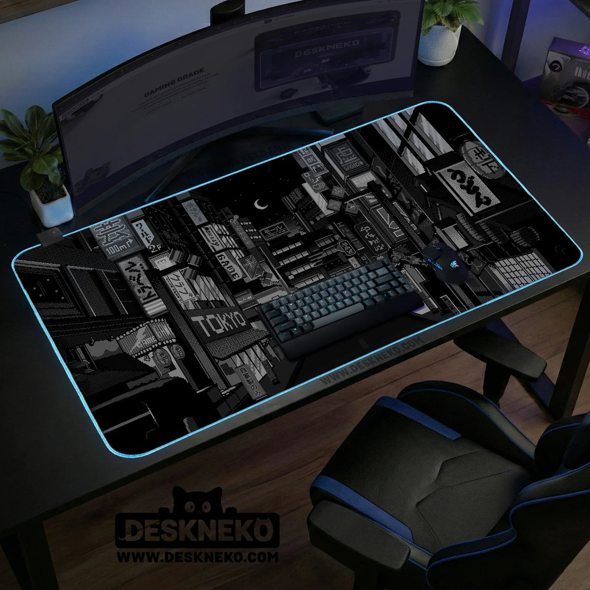 Black white tokyo night desk mat, cyberpunk japanese street mousepad
