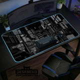 Black white tokyo night desk mat, cyberpunk japanese street mousepad