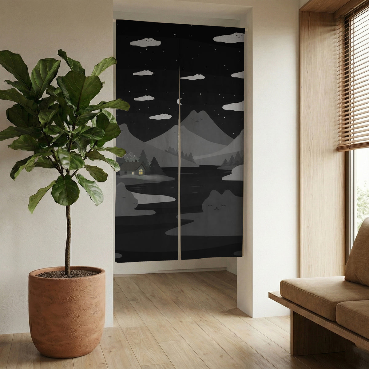 Cute cat mountains noren curtain