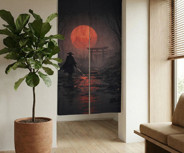 Samurai Red Moon Noren Door Curtain - Deskneko
