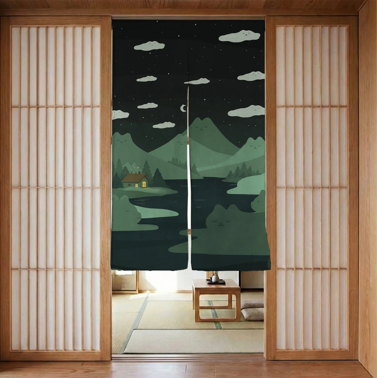 Forest green cat hills noren door curtain