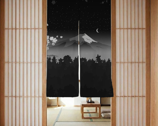 Black mount fuji noren curtain