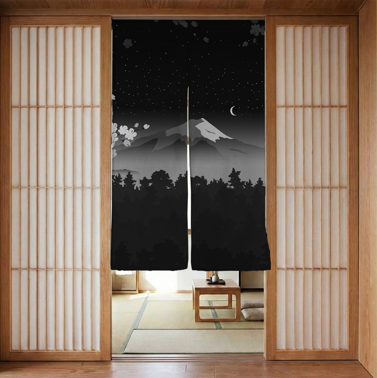 Black mount fuji noren curtain
