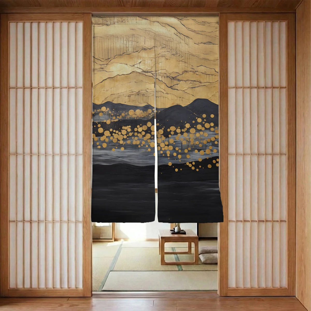 Gold black abstract noren door curtain