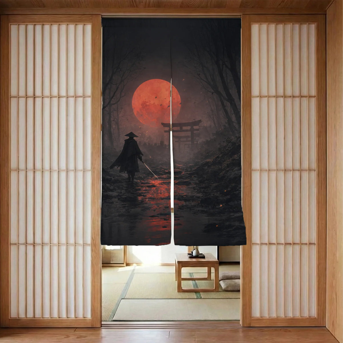 Samurai red moon noren door curtain