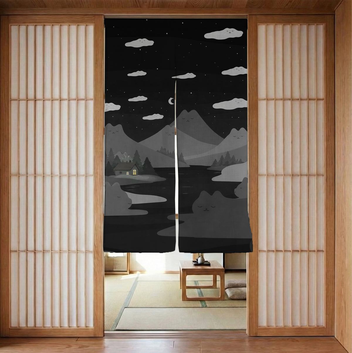 Cute cat mountains noren curtain