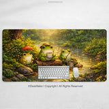 Forest frogs desk mat illustrated with three cute frogs by a sunlit forest stream, one with an umbrella, one drinking tea, and one fishing, shown with a keyboard and mouse