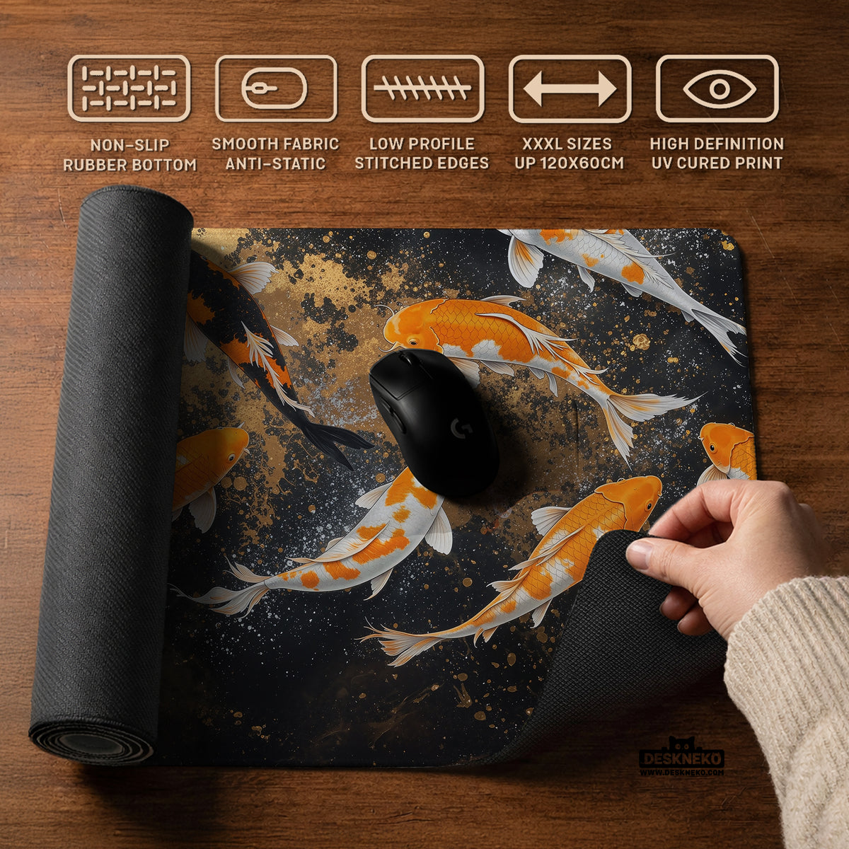 Black gold koi desk mat mousepad