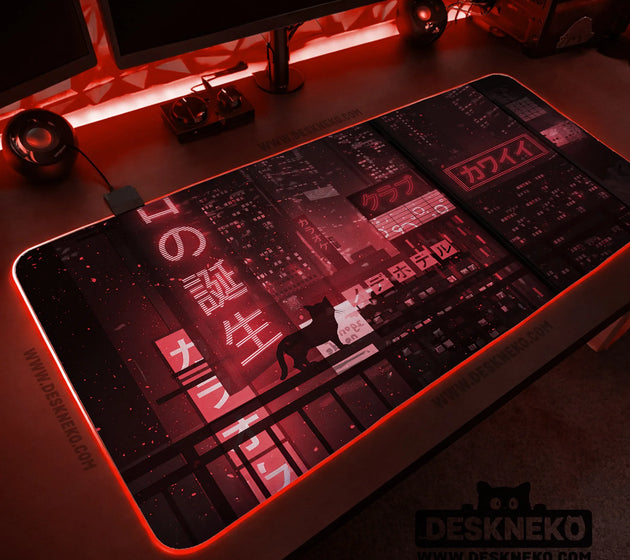 Red cyberpunk tokyo cat desk mat