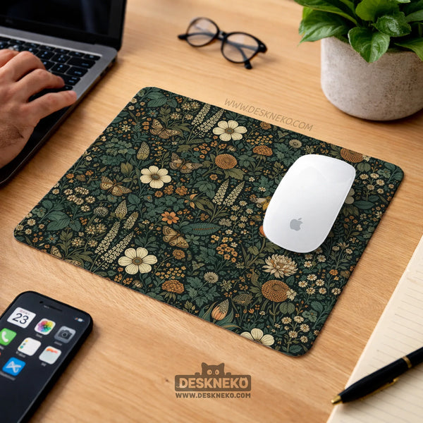 Dark Floral Cottagecore Desk Mat with Botanical Butterflies - Deskneko