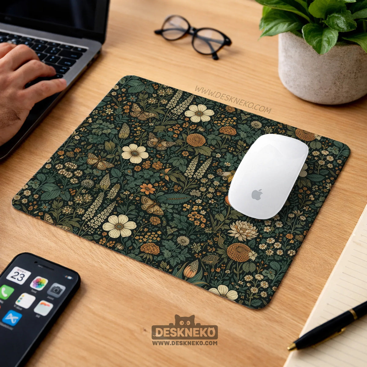 Dark floral cottagecore desk mat with botanical butterflies