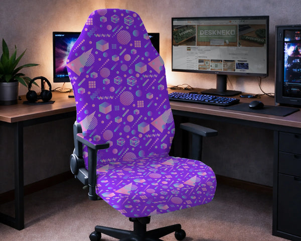 Gaming chair fitted with a stretch cover in a purple 1980s Memphis-style geometric print with cubes, circles and zigzags, shown in a gaming setup