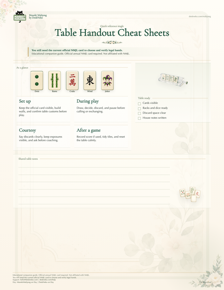Preview of the American Mah Jongg Table Handout Cheat Sheets printable