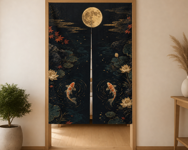 Black Gold Koi Moon noren curtain in a warm doorway, showing two broad split panels with koi pond artwork.