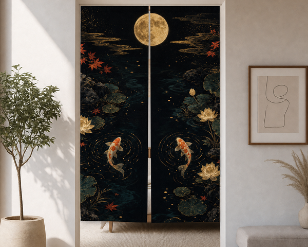 Black and gold koi noren curtain styled in a bright Japandi doorway with moon and lotus pond artwork.