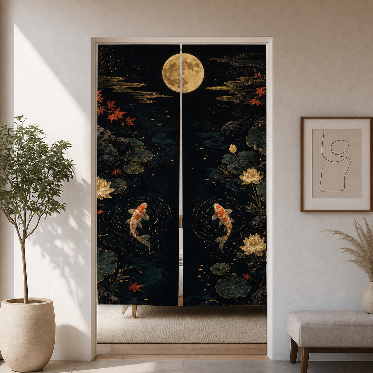 Black and gold koi noren curtain styled in a bright Japandi doorway with moon and lotus pond artwork.