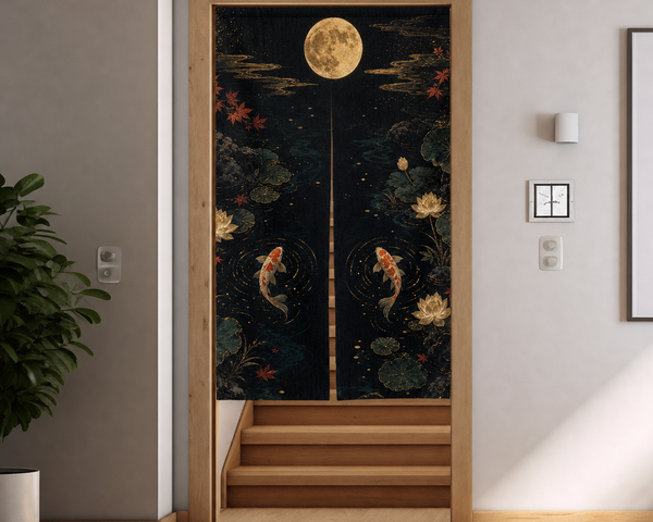 Koi moon doorway curtain shown over a stair entry with broad split noren panels and dark pond artwork.