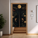 Koi moon doorway curtain shown over a stair entry with broad split noren panels and dark pond artwork.