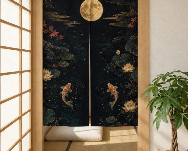 Black Gold Koi Moon noren curtain in a shoji inspired room with lotus, maple leaves, koi, and moon artwork.
