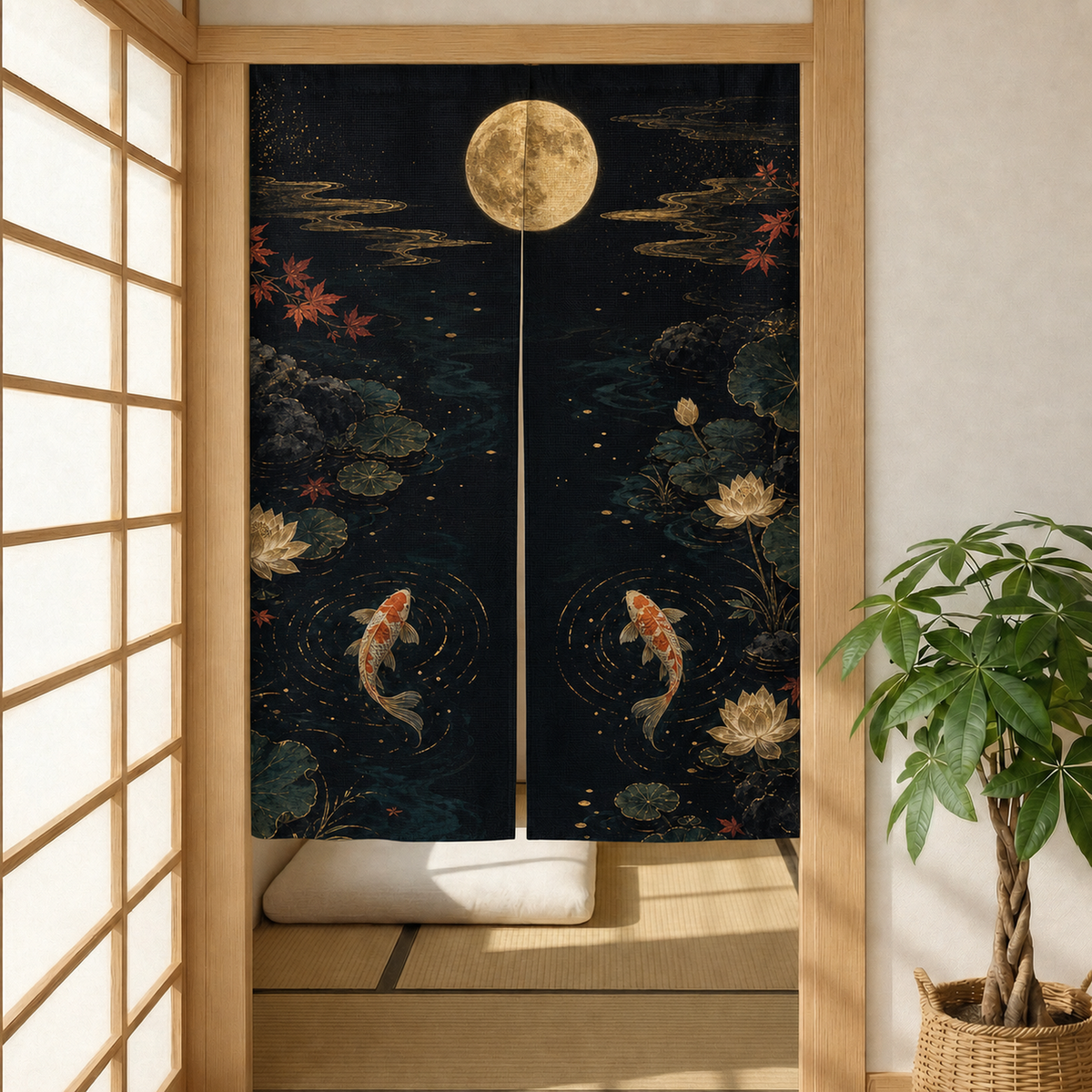Black Gold Koi Moon noren curtain in a shoji inspired room with lotus, maple leaves, koi, and moon artwork.
