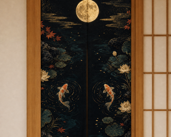 Close view of the Black Gold Koi Moon noren curtain showing the tall two-panel split construction.