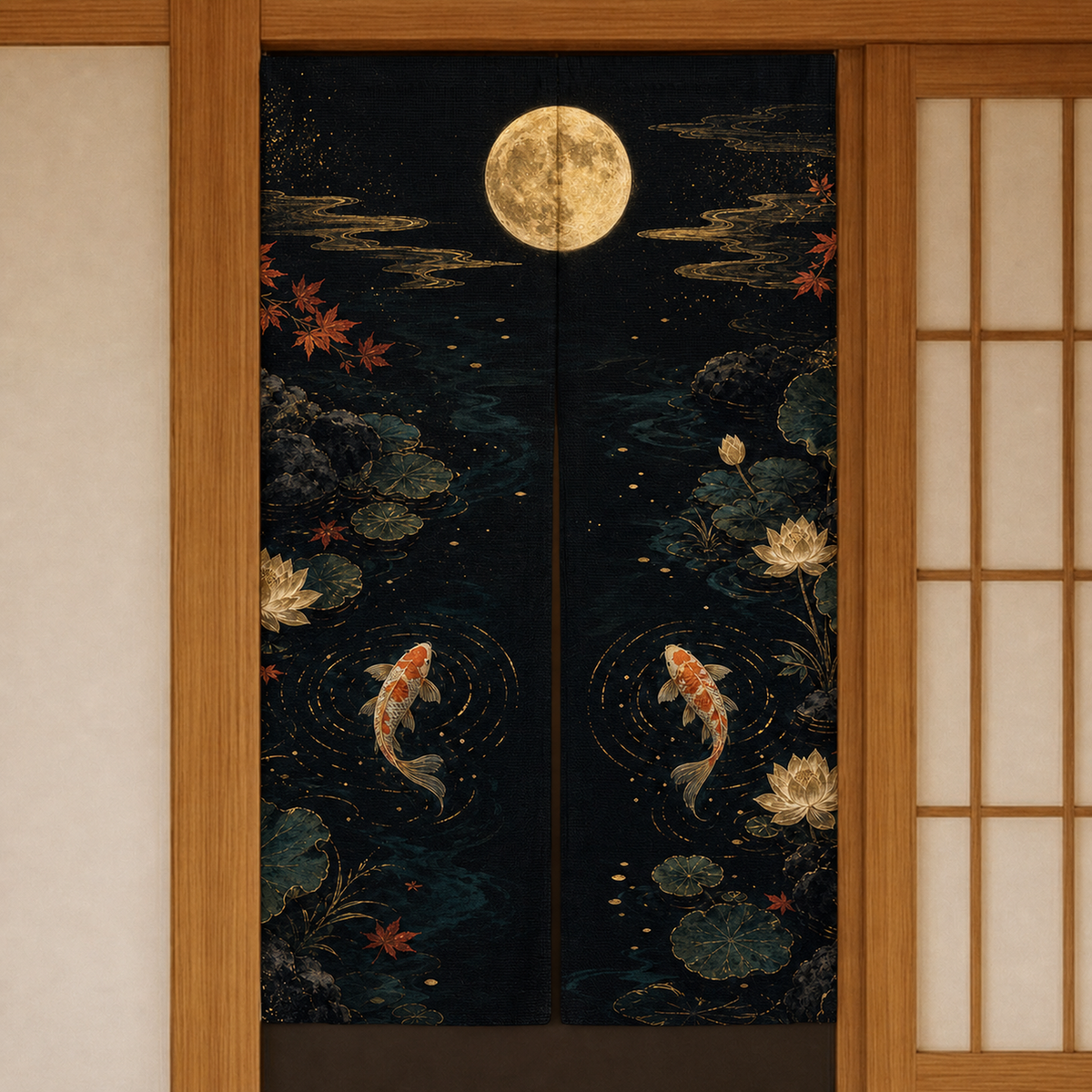 Close view of the Black Gold Koi Moon noren curtain showing the tall two-panel split construction.