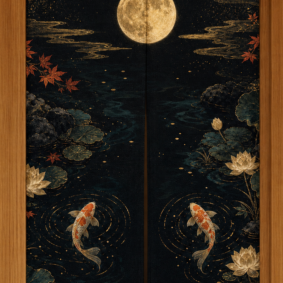 Center split detail of the koi moon noren curtain with proportional artwork placement and fabric texture.