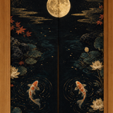 Center split detail of the koi moon noren curtain with proportional artwork placement and fabric texture.