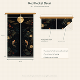 Rod pocket detail guide for the 86 x 143 cm split Black Gold Koi Moon noren curtain.