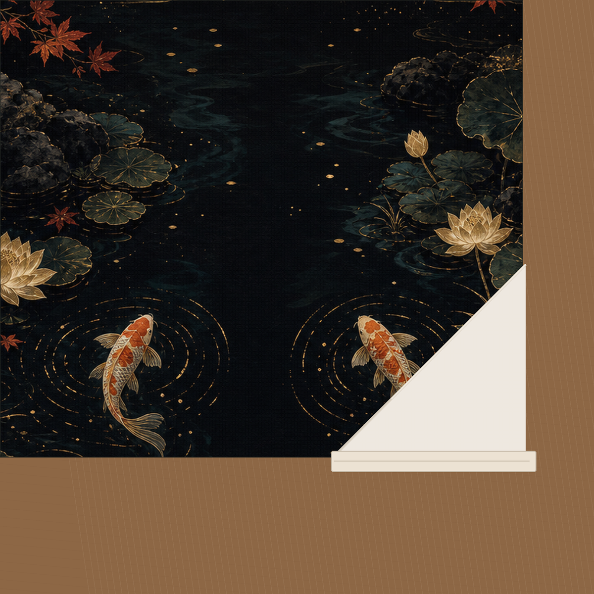 Fabric closeup of the koi moon print with printed front and plain reverse side shown.