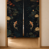 Lower artwork view of the koi noren doorway curtain showing koi, lotus, and dark water-garden details.