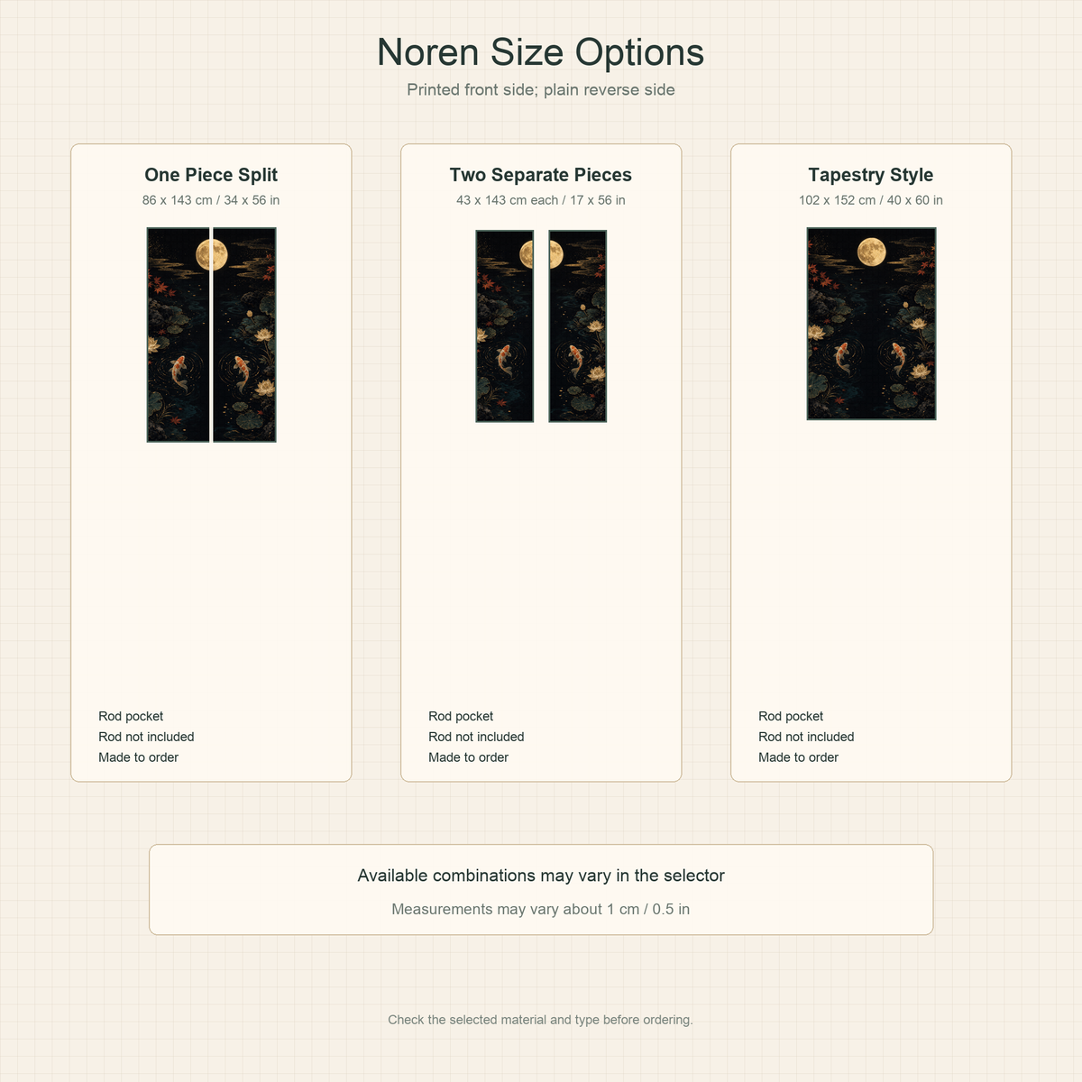 Size option chart for the Black Gold Koi Moon noren curtain with split, two-piece, and tapestry formats.