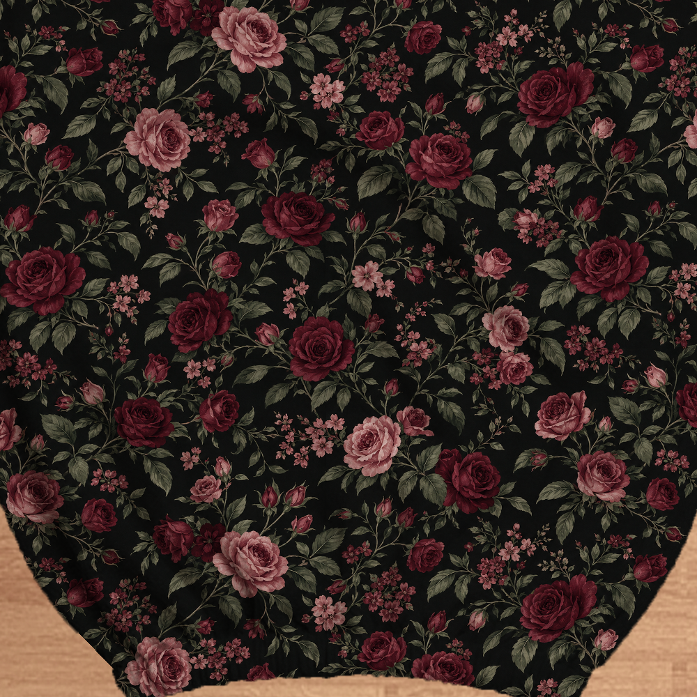 Burgundy Night Roses fabric and elastic detail; selected cover option only, chair not included.