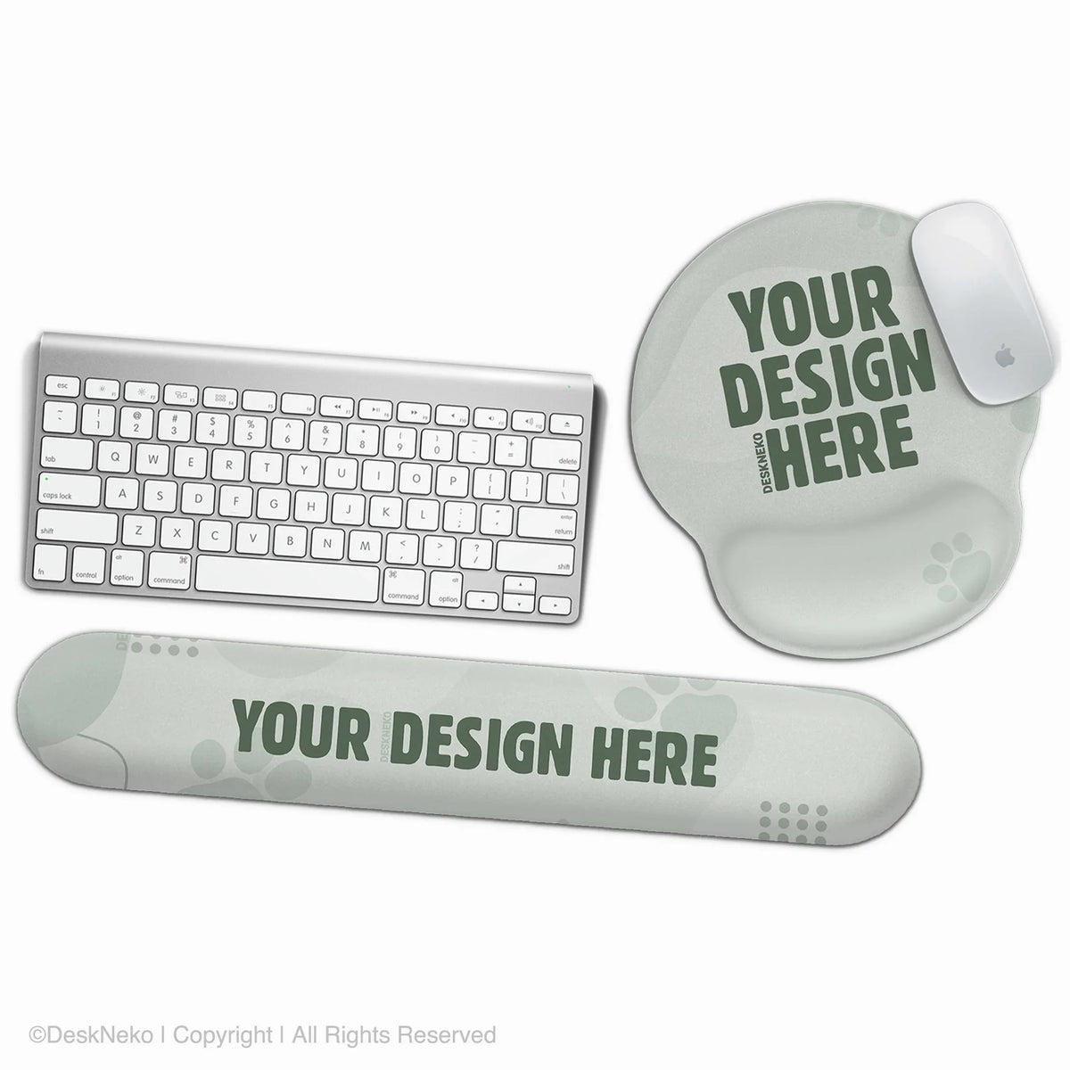 Custom ergonomic set with a round gel mouse pad and a keyboard wrist rest, shown as blank sage-green personalizable templates with a 'your design here' placeholder beside a keyboard and mouse
