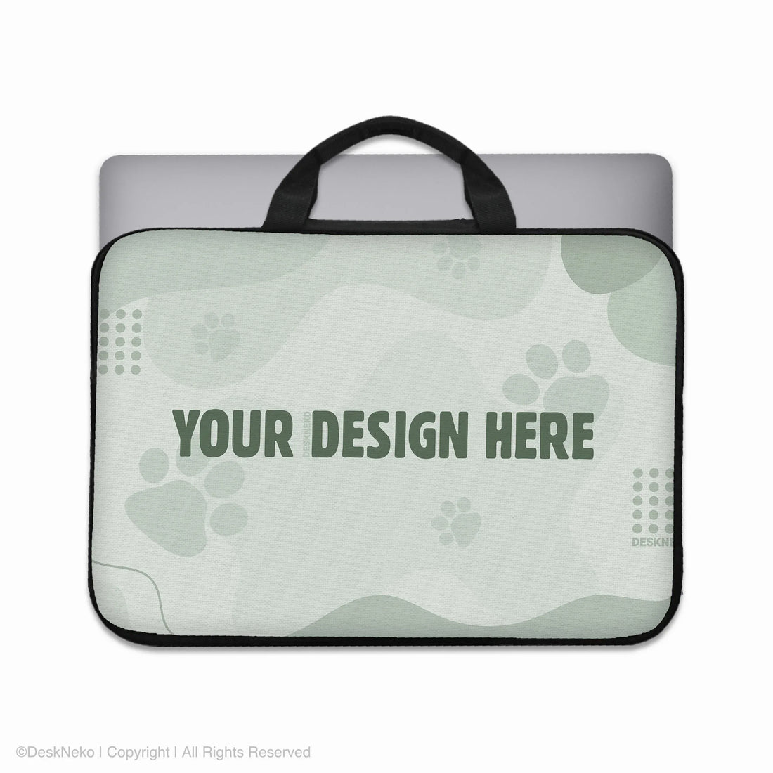 Custom laptop sleeve with carry handles and a laptop inside, shown as a blank sage-green personalizable template with a 'your design here' placeholder