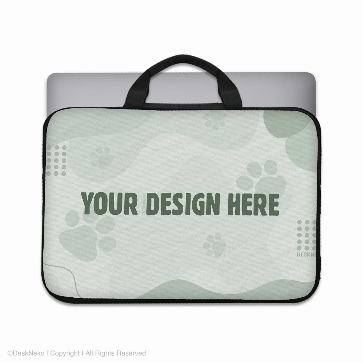 Custom laptop sleeve with carry handles and a laptop inside, shown as a blank sage-green personalizable template with a 'your design here' placeholder